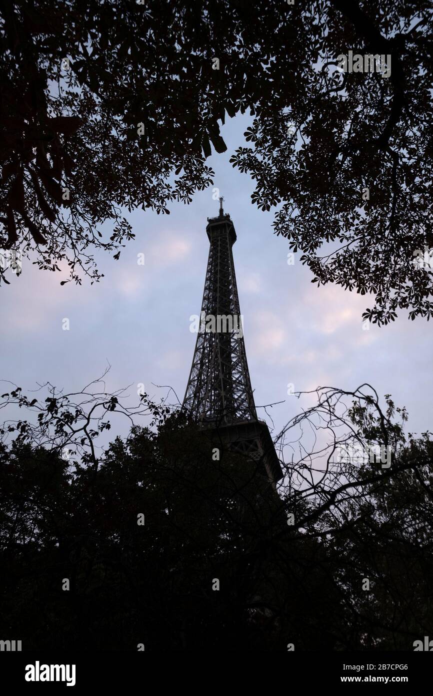 Silhouette della Torre Eiffel con alberi in primo piano a Parigi, Francia, Europa Foto Stock