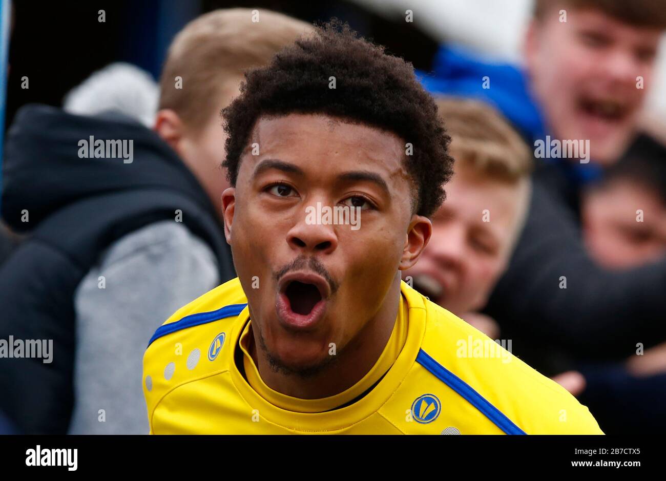 Decarrey Sheriff di Concord Rangers celebra il suo obiettivo durante il Vanarama National League South Match tra Concord Rangers e Tonbridge Angels Foto Stock