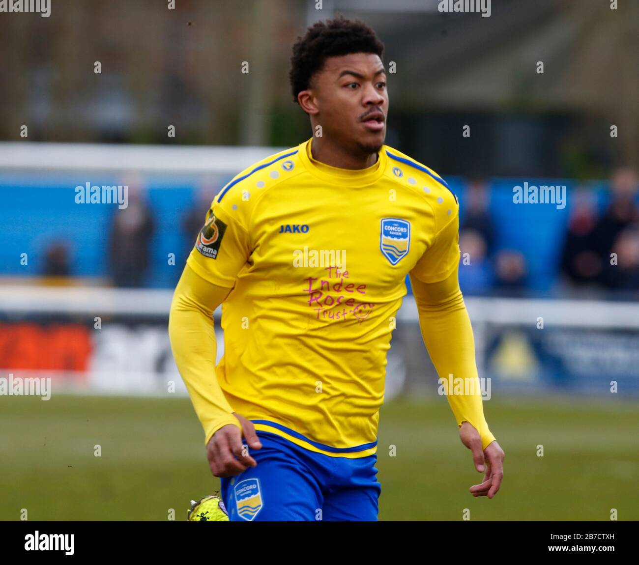 Decarrey Sheriff di Concord Rangers in azione durante la Vanarama National League South Match tra Concord Rangers e Tonbridge Angels al Tamigi R. Foto Stock