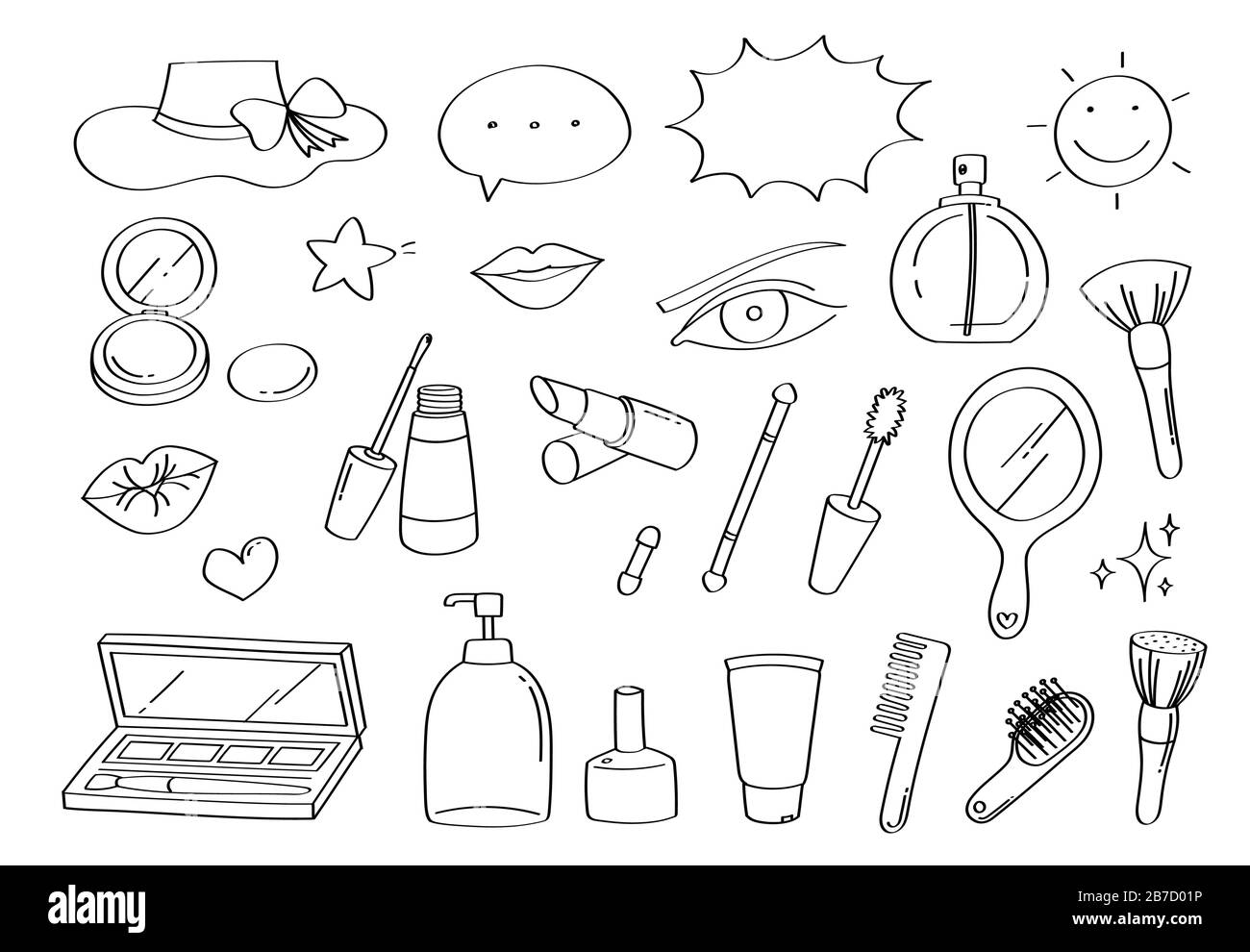 Cute doodle bellezza trucco e moda cartoni animati icone e oggetti. Illustrazione Vettoriale