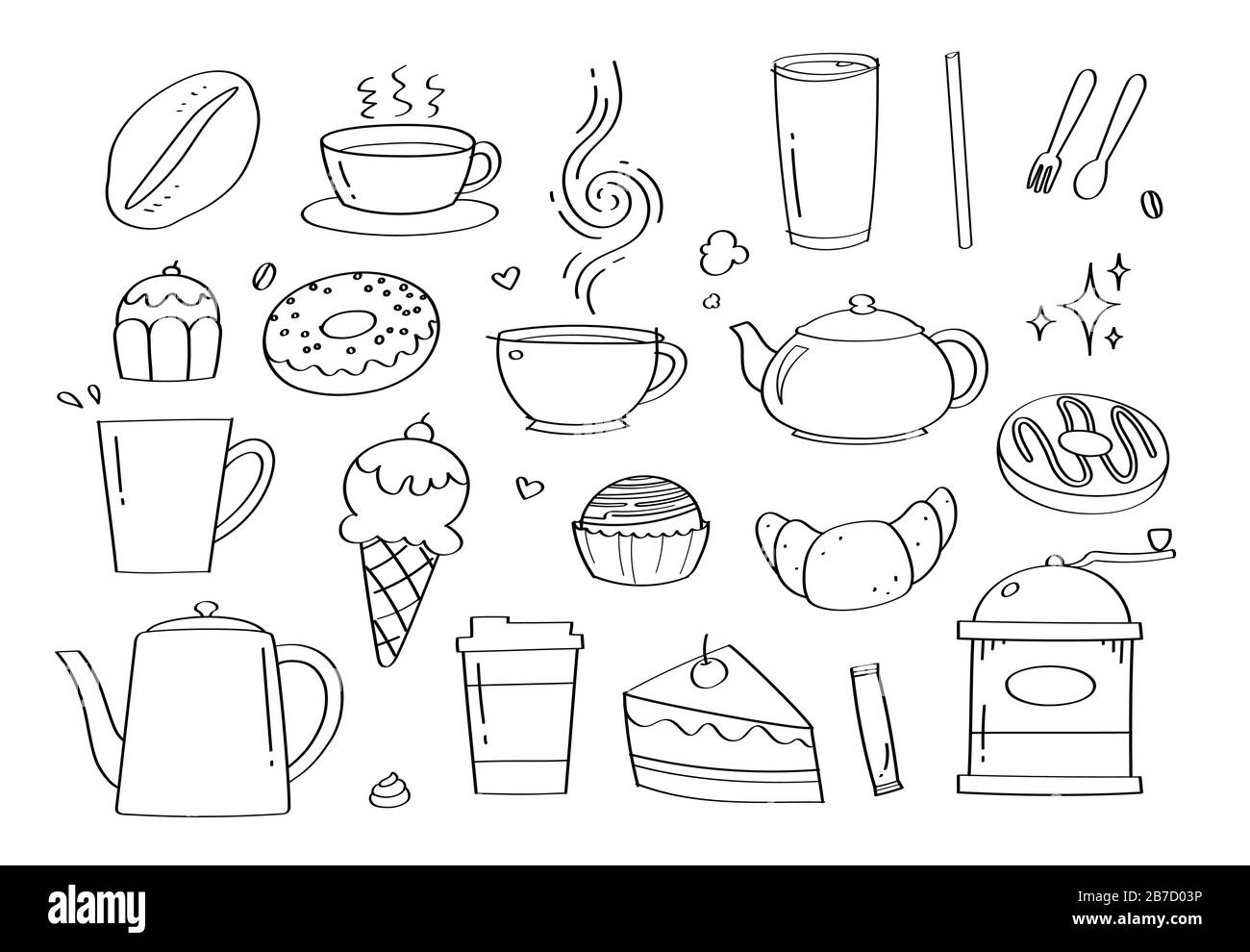 Carino caffè Doodle caffè e cartoni animati da forno icone e oggetti. Illustrazione Vettoriale