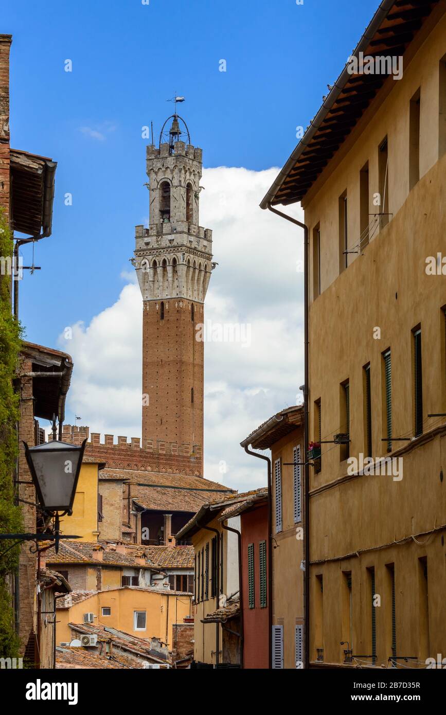 Torre del Mangia, il campanile o campanile, adiacente al Palazzo pubblico (Municipio) visto da Via Giovanni Duprè, Siena, Toscana, Italia Foto Stock