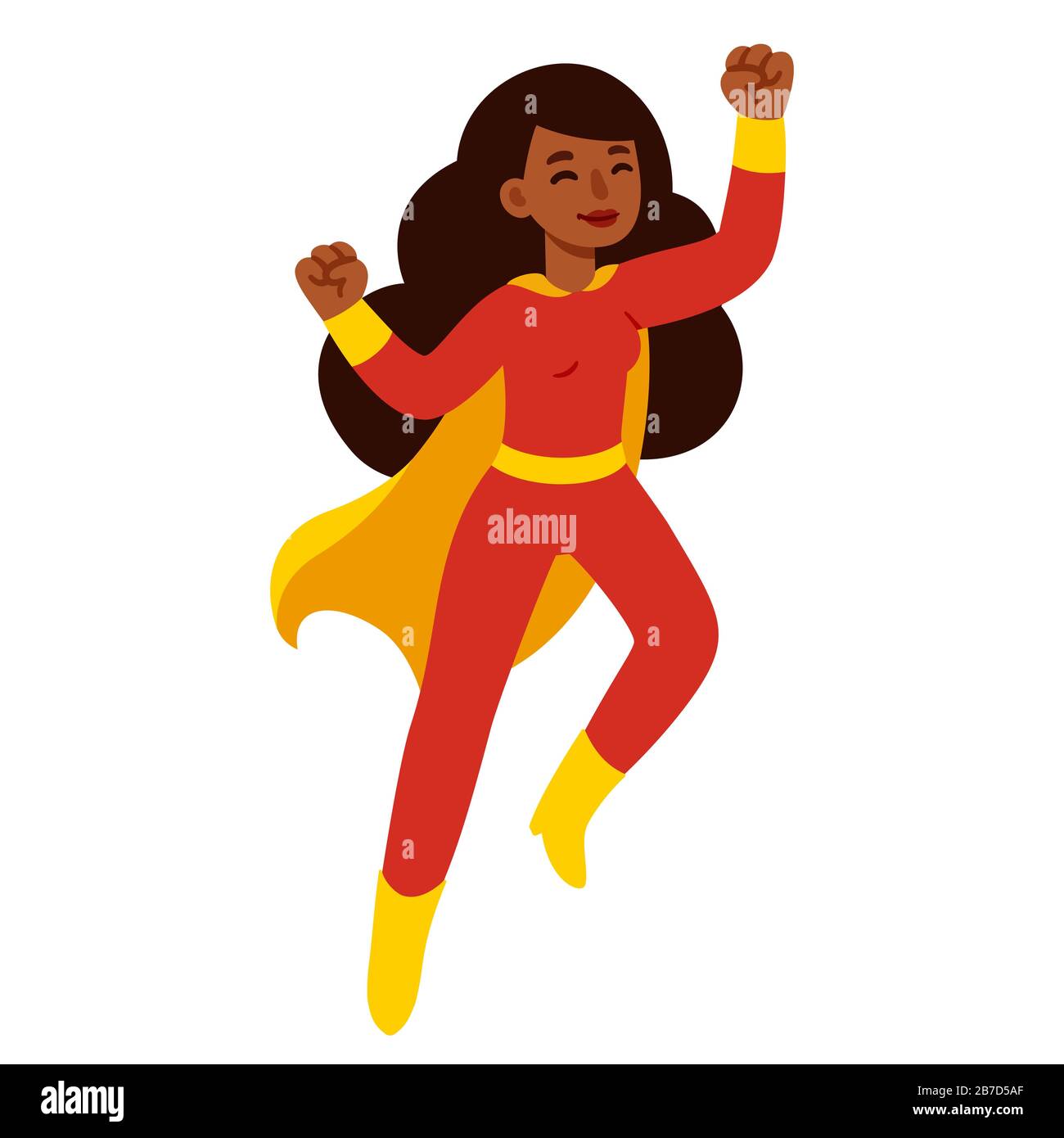 Fumetto supereroe donna nera in costume rosso con mantello. Simpatico personaggio femminile super eroe disegno, semplice illustrazione vettoriale clip art. Illustrazione Vettoriale