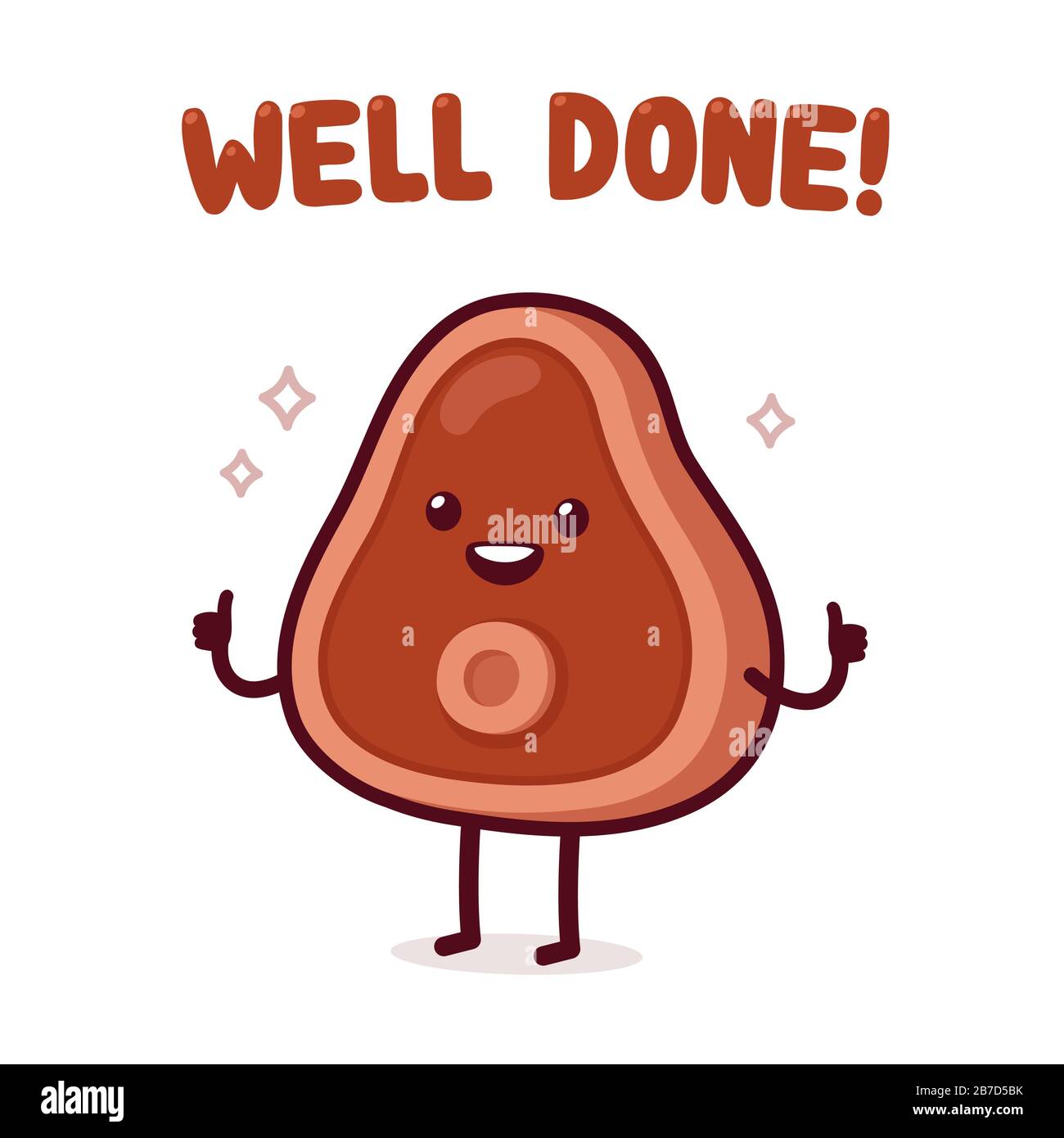 Carino cartone cotto bistecca con testo Ben Fatto! Illustrazione divertente del pun dell'alimento, pezzo semplice del kawaii della carne. Disegno grafico a clip vettoriale isolato. Illustrazione Vettoriale