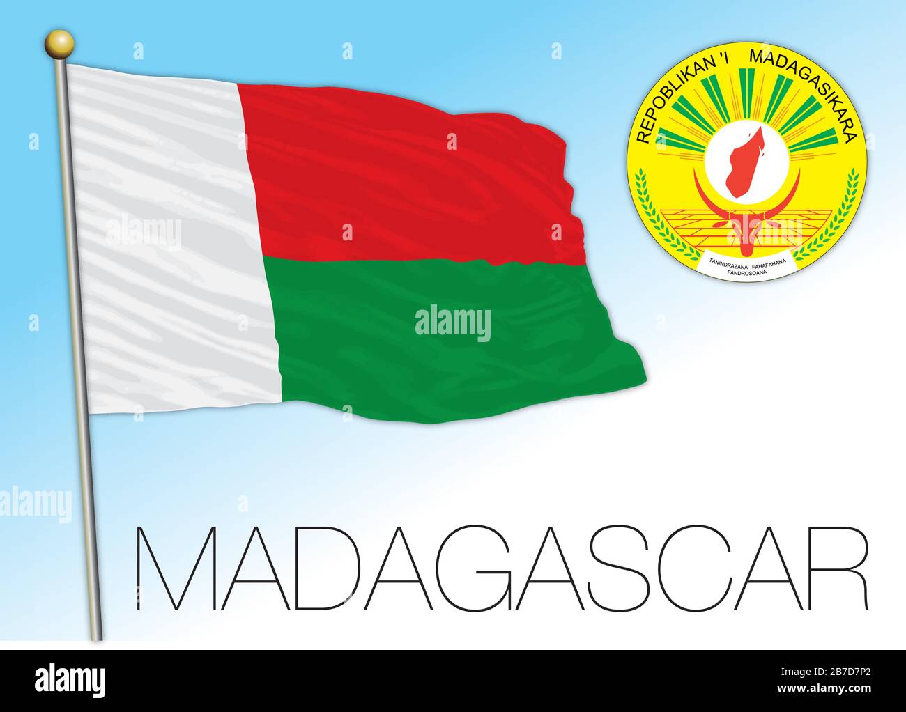 Madagascar bandiera nazionale ufficiale e stemma, africa, illustrazione vettoriale Illustrazione Vettoriale