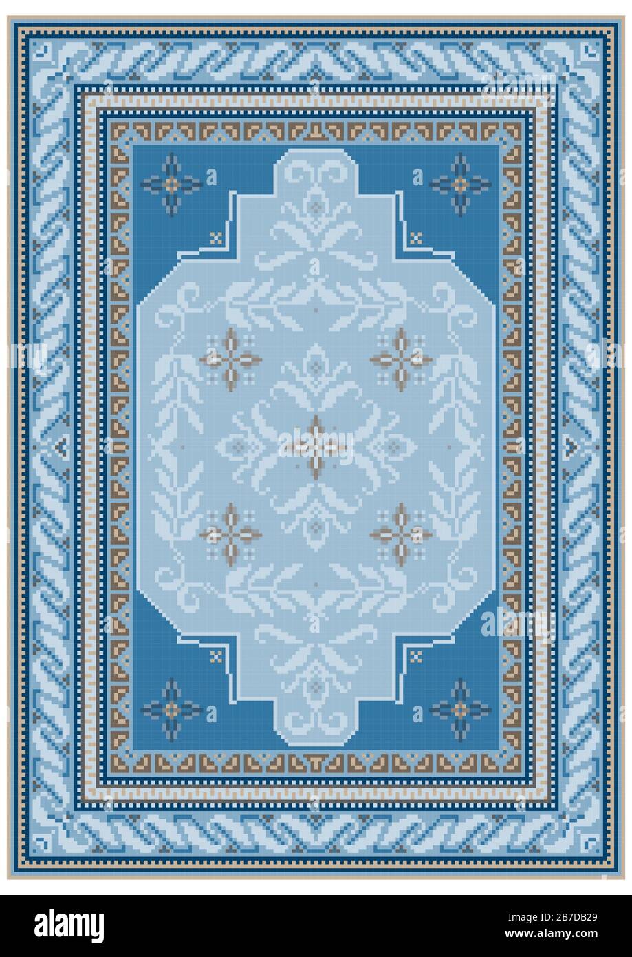 Progettazione di tappeti con ornamento etnico di sfumature di blu e un disegno floreale in tonalità bluastra su medio Foto Stock