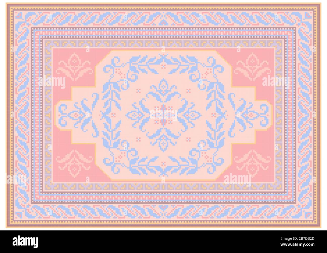 Lussuoso design di tappeti con ornamenti etnici di sfumature rosa e bluastre e un motivo floreale bluastro al centro Foto Stock