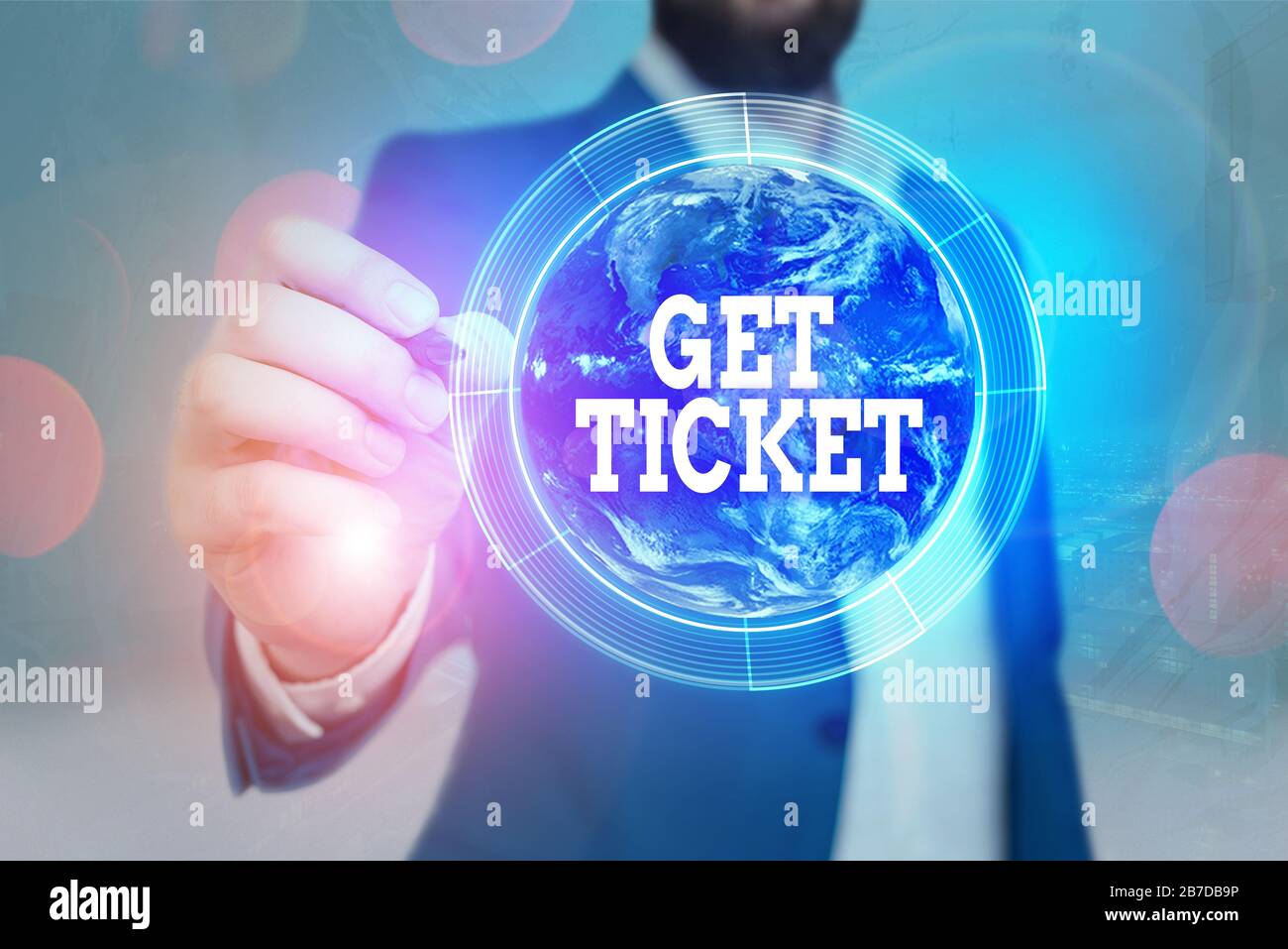 Testo di scrittura Get Ticket. Foto concettuale per avere carta stampata che permette l'ingresso ad un evento o mostrare elementi di questa immagine forniti dalla NASA Foto Stock