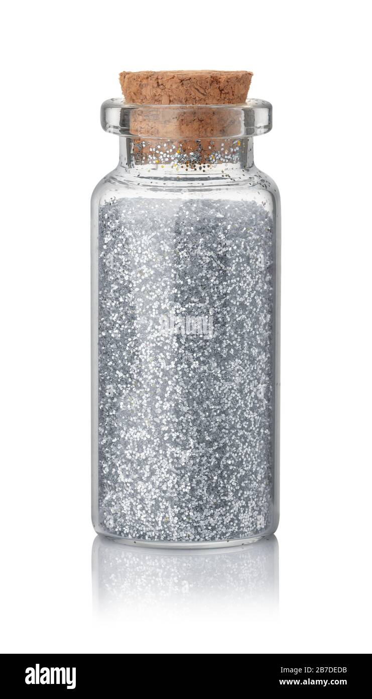 Vista frontale della bottiglia glitter argentata isolata su bianco Foto Stock