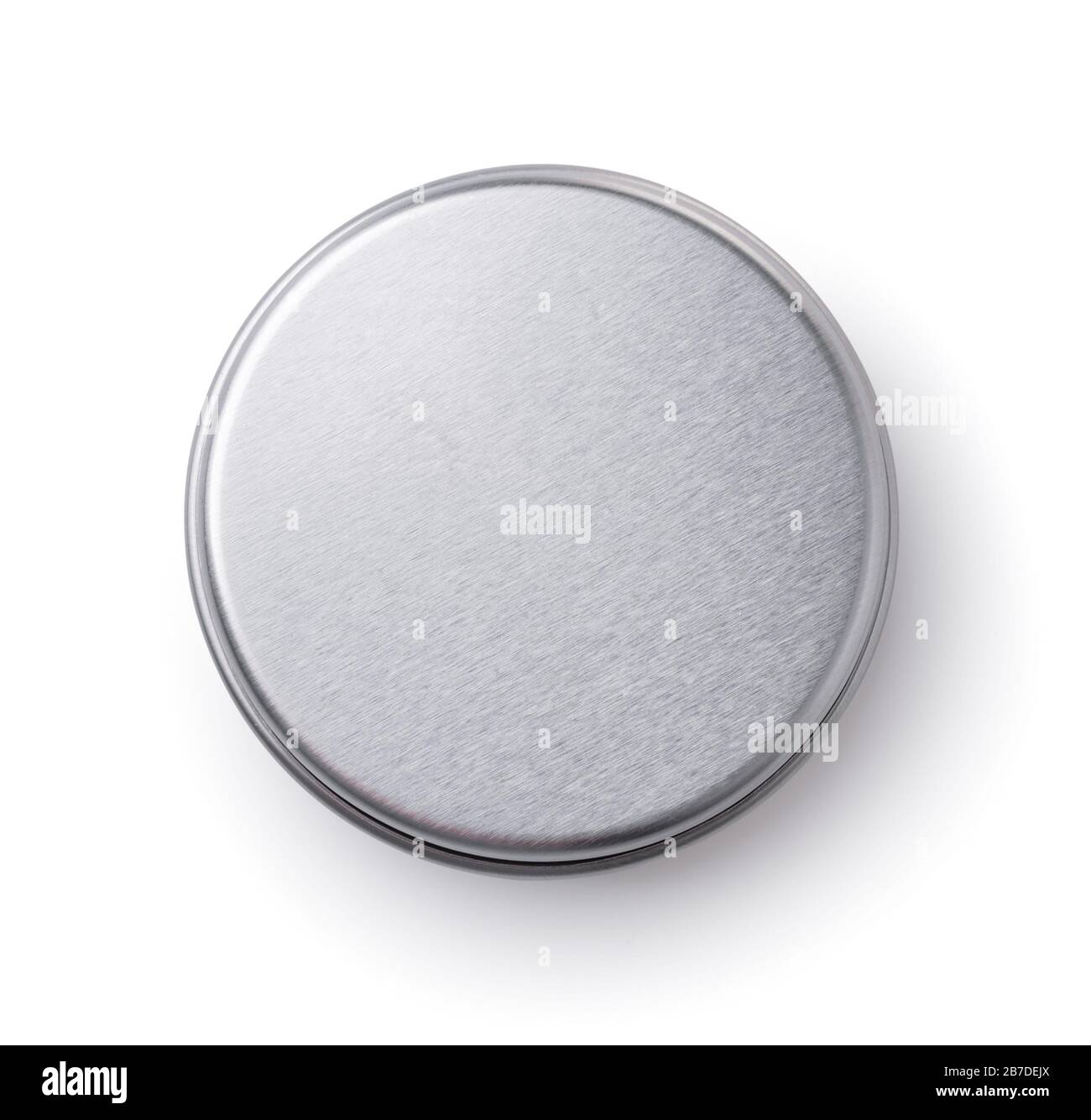 Vista dall'alto del contenitore rotondo in metallo isolato su bianco Foto Stock