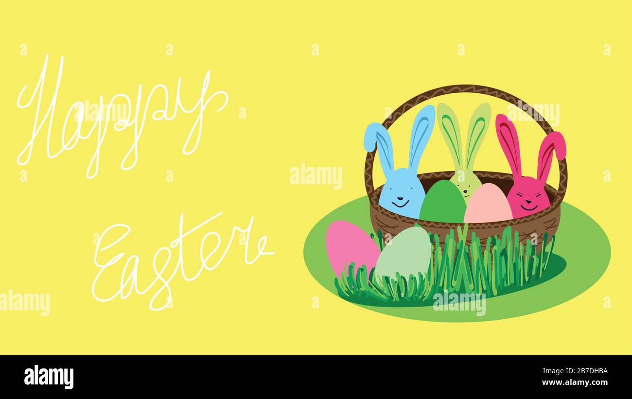 cesta con uova di pasqua multicolore. tre uova con orecchie di coniglio, e due giacciono sull'erba vicino al cesta su uno sfondo giallo con manwri bianco Illustrazione Vettoriale