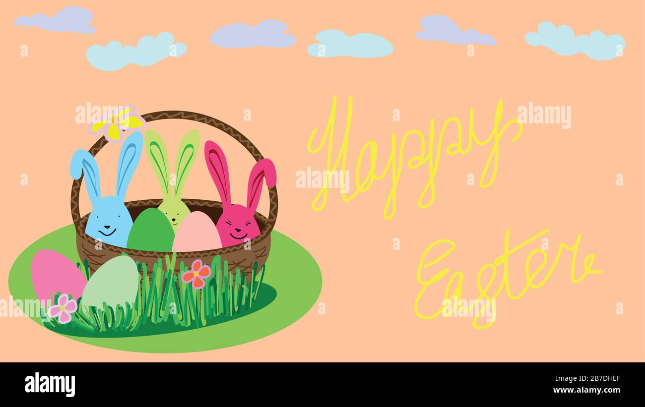 cestino con uova pasquali multicolore, tre uova con orecchie di coniglio e due giacciono sull'erba vicino al cesto su sfondo rosa con nuvole con yel Illustrazione Vettoriale