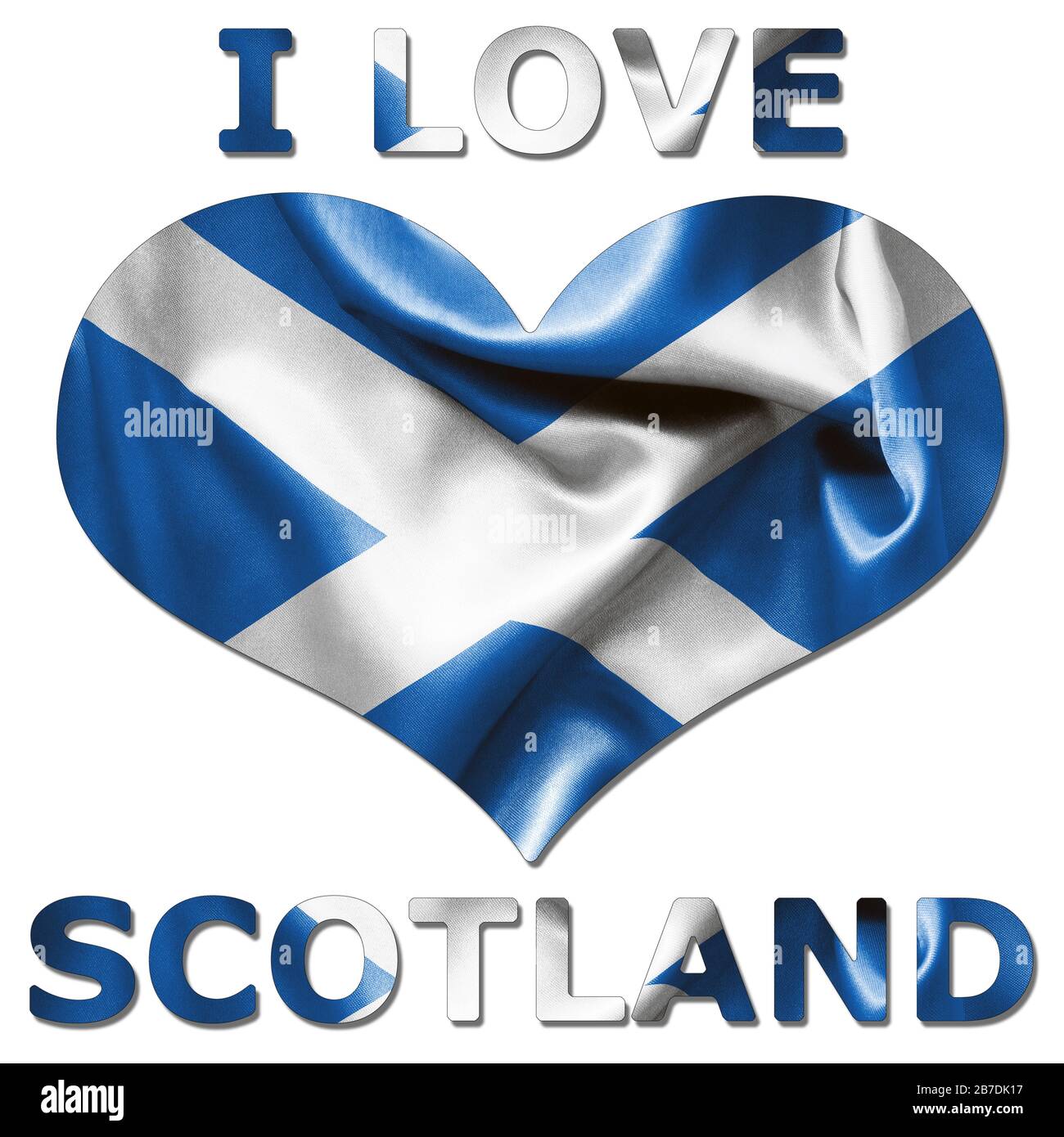 Adoro la Scozia con la texture della bandiera scozzese a forma di cuore su uno sfondo bianco isolato con un percorso di ritaglio sia con che senza l'ombra Foto Stock