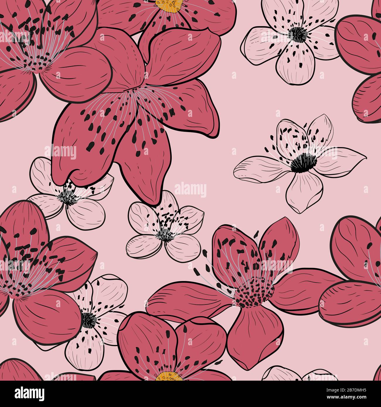 Disegnato a mano, fiori di ciliegio, moderno sfondo rosa. Illustrazione vettoriale senza cuciture del concetto floreale astratto. Sakura fiore di ciliegio. Fiore di primavera. Illustrazione Vettoriale