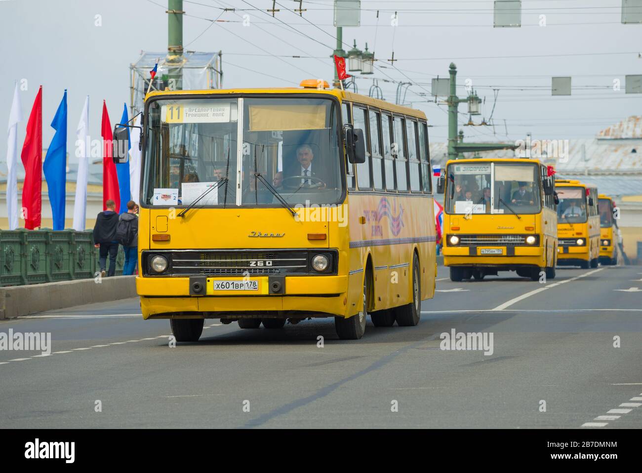 ST. PETERSBURG, RUSSIA - 25 MAGGIO 2019: Una colonna di autobus gialli della città Ikarus alla parata annuale retrò di trasporto in onore del giorno della città Foto Stock