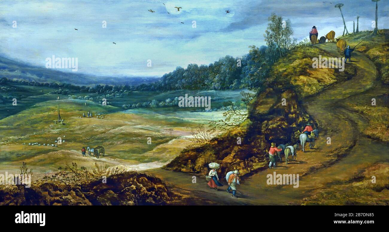 Paesaggio collinare con viaggiatori 1625-1630 di Jan Brueghel il 1601-1678 giovane e Joos de Momper 1564-1635, la famiglia Brueghel ( Bruegel o Breughel ), pittori fiamminghi 16 ° - 17 ° secolo, belga, Belgio. Foto Stock