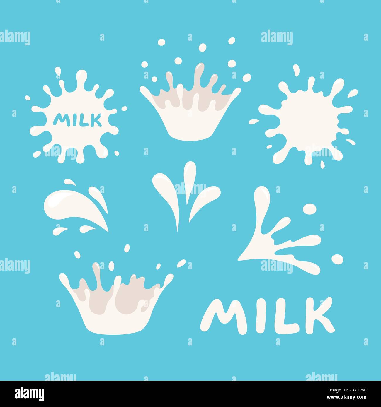 Set di schizzi di latte bianco. Imbullonato su sfondo blu Illustrazione Vettoriale