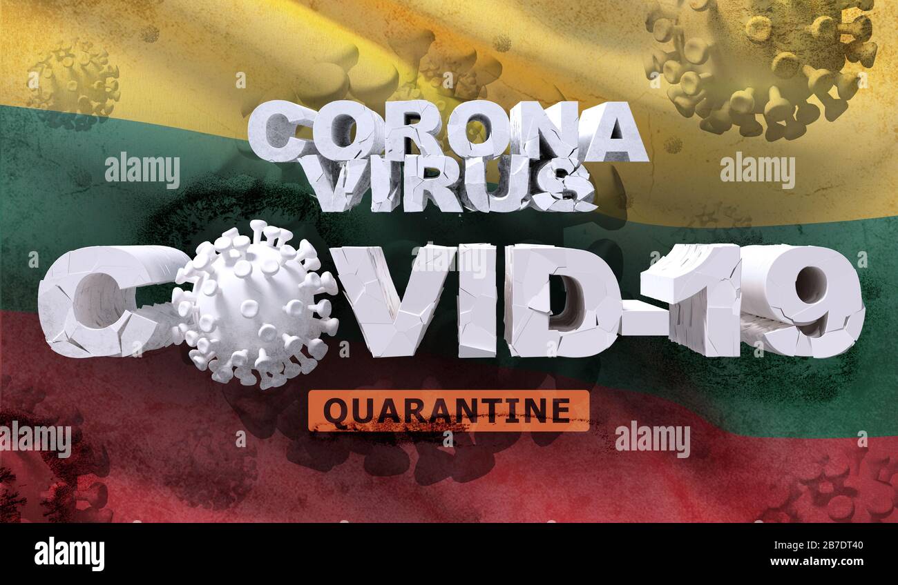 Malattia di coronavirus COVID-19 concetto di infezione sul vessare bandiera nazionale della Lituania. Rappresentazione 3D dettagliata e dettagliata. Foto Stock