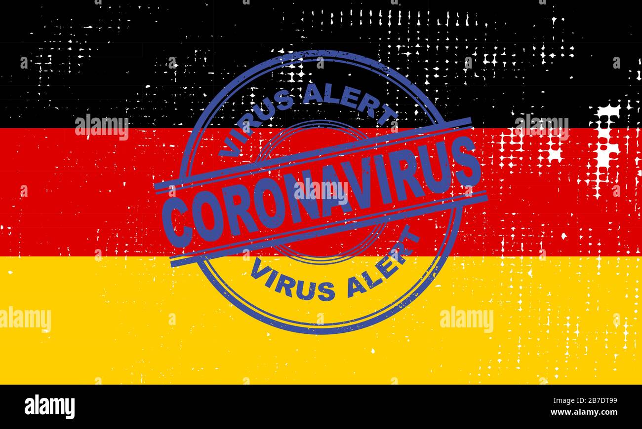 Timbro di allarme per coronavirus. Avviso Covic-19 in Germania. Illustrazione vettoriale con sfondo USA flag. EPS 10 Illustrazione Vettoriale