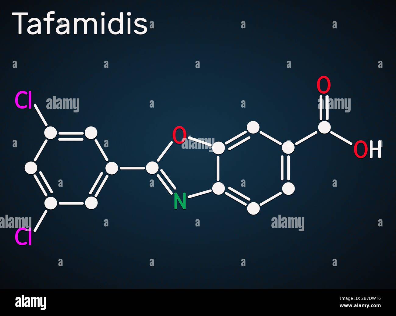 Molecola di Tafamidis. È un farmaco usato per ritardare la perdita della funzione del nervo periferico negli adulti. Formula chimica strutturale. Illustrazione Foto Stock