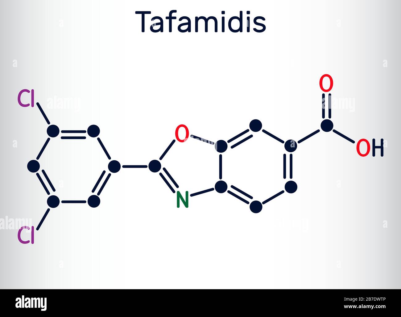 Molecola di Tafamidis. È un farmaco usato per ritardare la perdita della funzione del nervo periferico negli adulti. Formula chimica strutturale. Illustrazione vettoriale Illustrazione Vettoriale