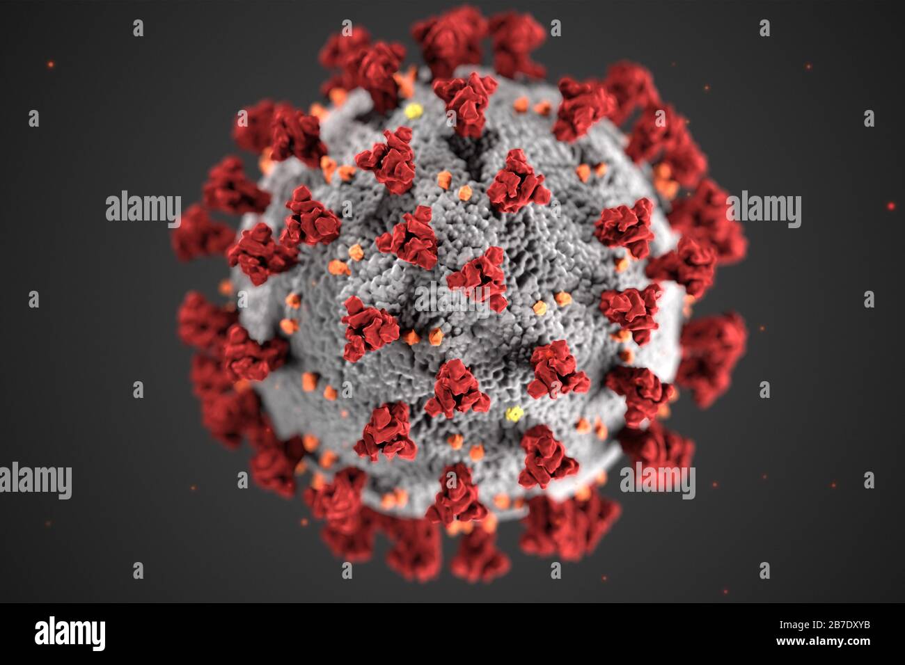 Questa illustrazione, creata presso i Centri per il controllo E la prevenzione Delle Malattie (CDC), rivela la morfologia ultrastrutturale esposta dai coronavirus. Si noti i picchi che adornano la superficie esterna del virus, che impartiscono l'aspetto di una corona che circonda il virione quando osservato elettrone microscopicamente. Un nuovo coronavirus, chiamato Grave sindrome respiratoria acuta coronavirus 2 (SARS-cov-2), è stato identificato come la causa di un focolaio di malattia respiratoria rilevato per la prima volta a Wuhan, in Cina, nel 2019. La malattia causata da questo virus è stata chiamata malattia di coronavirus 2019 (COVID-19). Credito: UPI/al Foto Stock