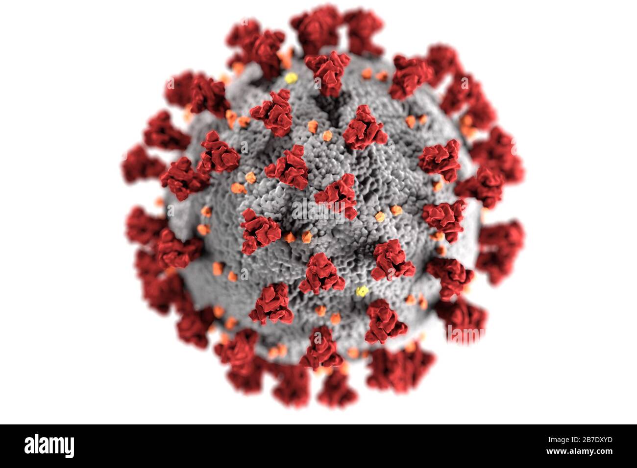 Questa illustrazione, creata presso i Centri per il controllo E la prevenzione Delle Malattie (CDC), rivela la morfologia ultrastrutturale esposta dai coronavirus. Si noti i picchi che adornano la superficie esterna del virus, che impartiscono l'aspetto di una corona che circonda il virione quando osservato elettrone microscopicamente. Un nuovo coronavirus, chiamato Grave sindrome respiratoria acuta coronavirus 2 (SARS-cov-2), è stato identificato come la causa di un focolaio di malattia respiratoria rilevato per la prima volta a Wuhan, in Cina, nel 2019. La malattia causata da questo virus è stata chiamata malattia di coronavirus 2019 (COVID-19). Credito: UPI/al Foto Stock