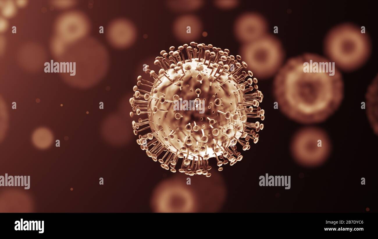 Coronavirus 2019-nCov nuovo focolaio di coronavirus. Primo piano del virus del microscopio. rendering 3d. Foto Stock