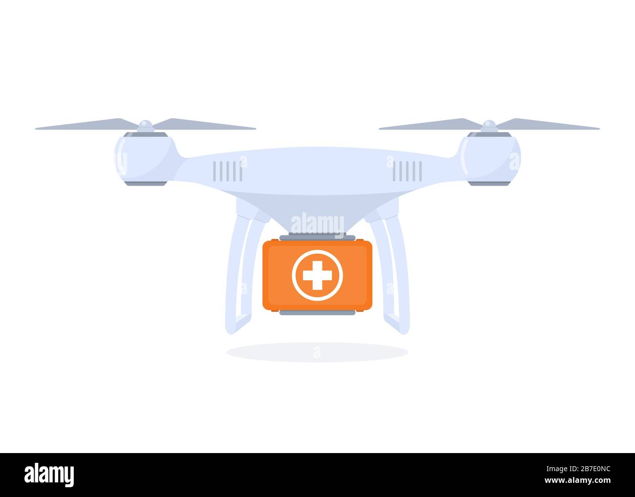 Drone che consegna il kit di pronto soccorso. Rilascio di farmaci da quadrocopter, le tecnologie moderne in medicina. Illustrazione vettoriale in stile piatto Concept Illustrazione Vettoriale
