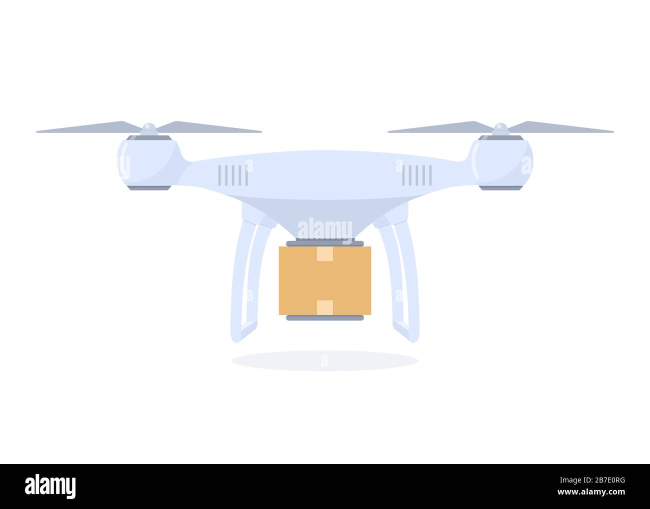 Illustrazione del concetto di consegna dei droni. Quadricottero di consegna con pacchetto. Illustrazione vettoriale in stile piatto Illustrazione Vettoriale