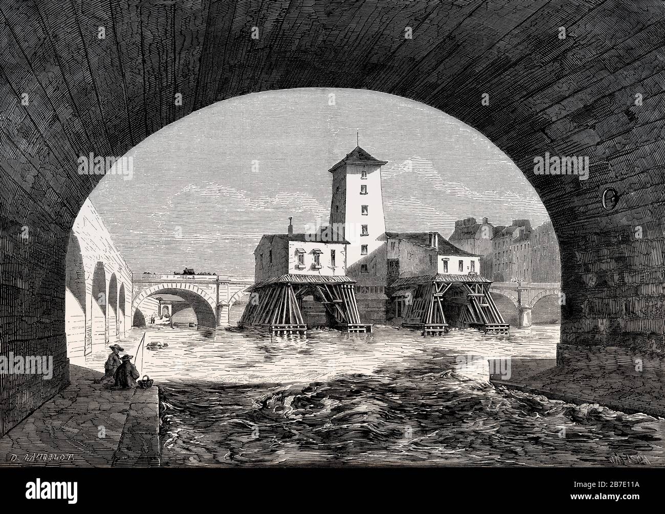 Vista della pompa del ponte di Notre-Dame, Parigi, Francia, 1854 Foto Stock