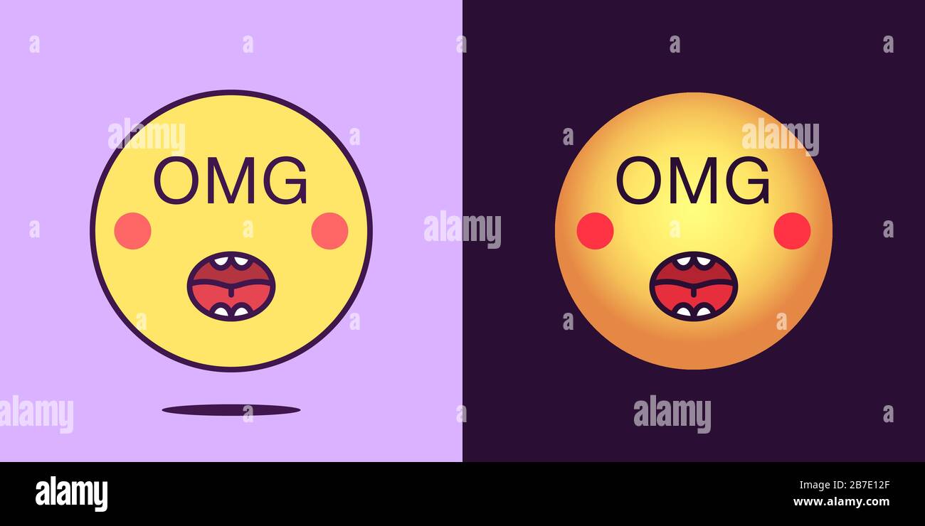 Icona del viso emoji con frase OMG. Emozionati con il testo OMG. Set di volti cartoni animati, icona emotiva per la comunicazione dei social media, storded sticker an Illustrazione Vettoriale