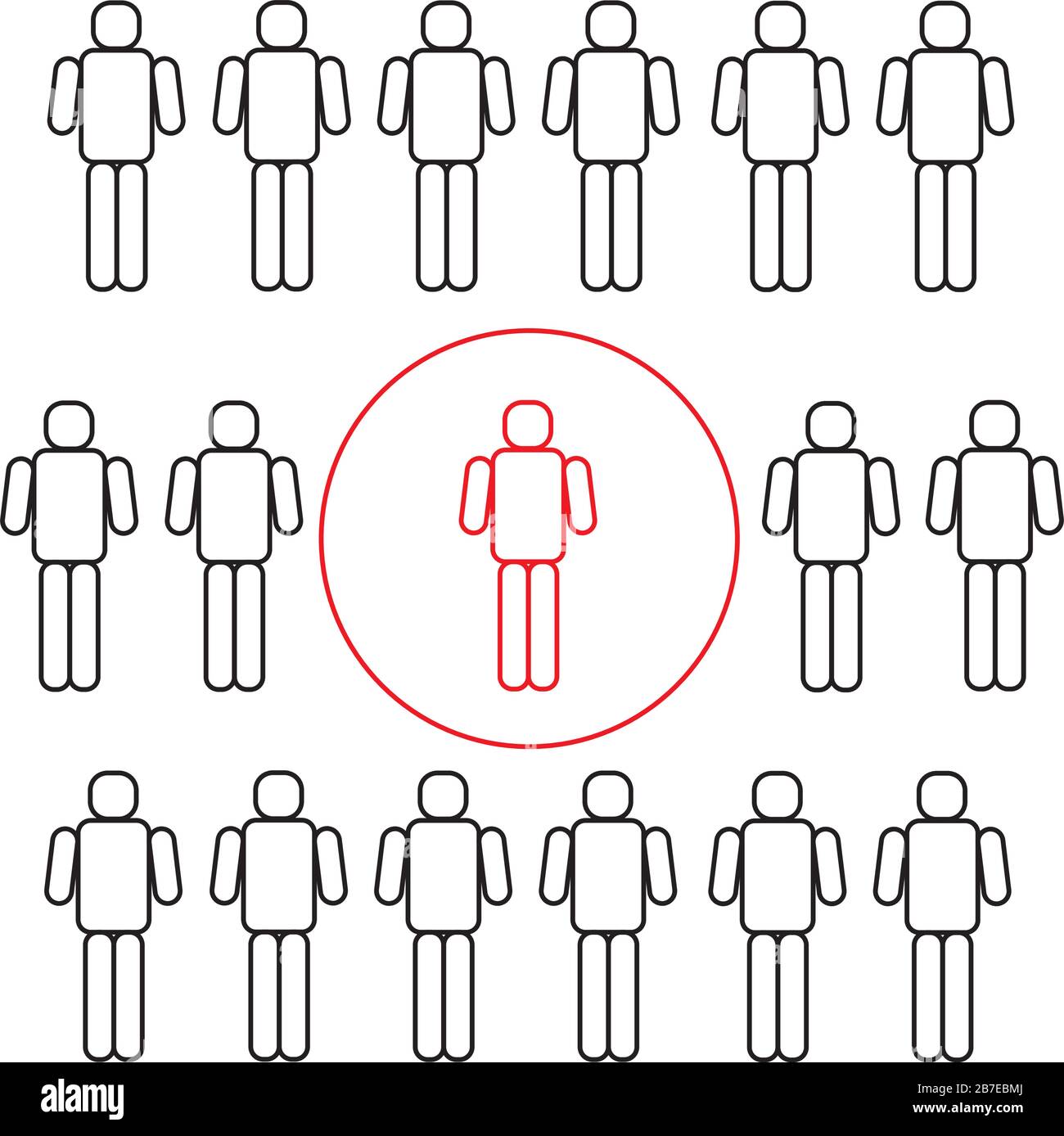 Distanza sociale e autoisolamento durante la quarantena del coronavirus COVID19. Folla di persone e rosso nella bolla isolata. Vettore. Illustrazione Vettoriale