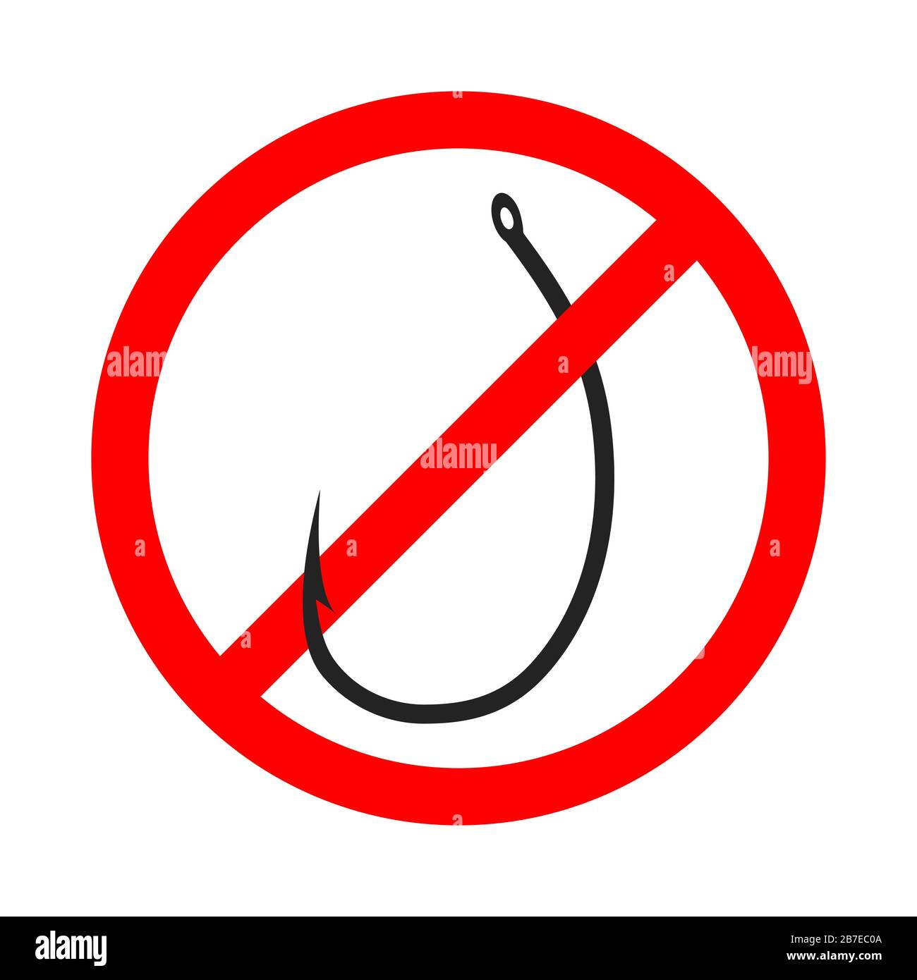 Divieto di pesca con gancio. Segno di divieto di pesca. Stop pesca segno isolato. Icona vettore. Illustrazione Vettoriale