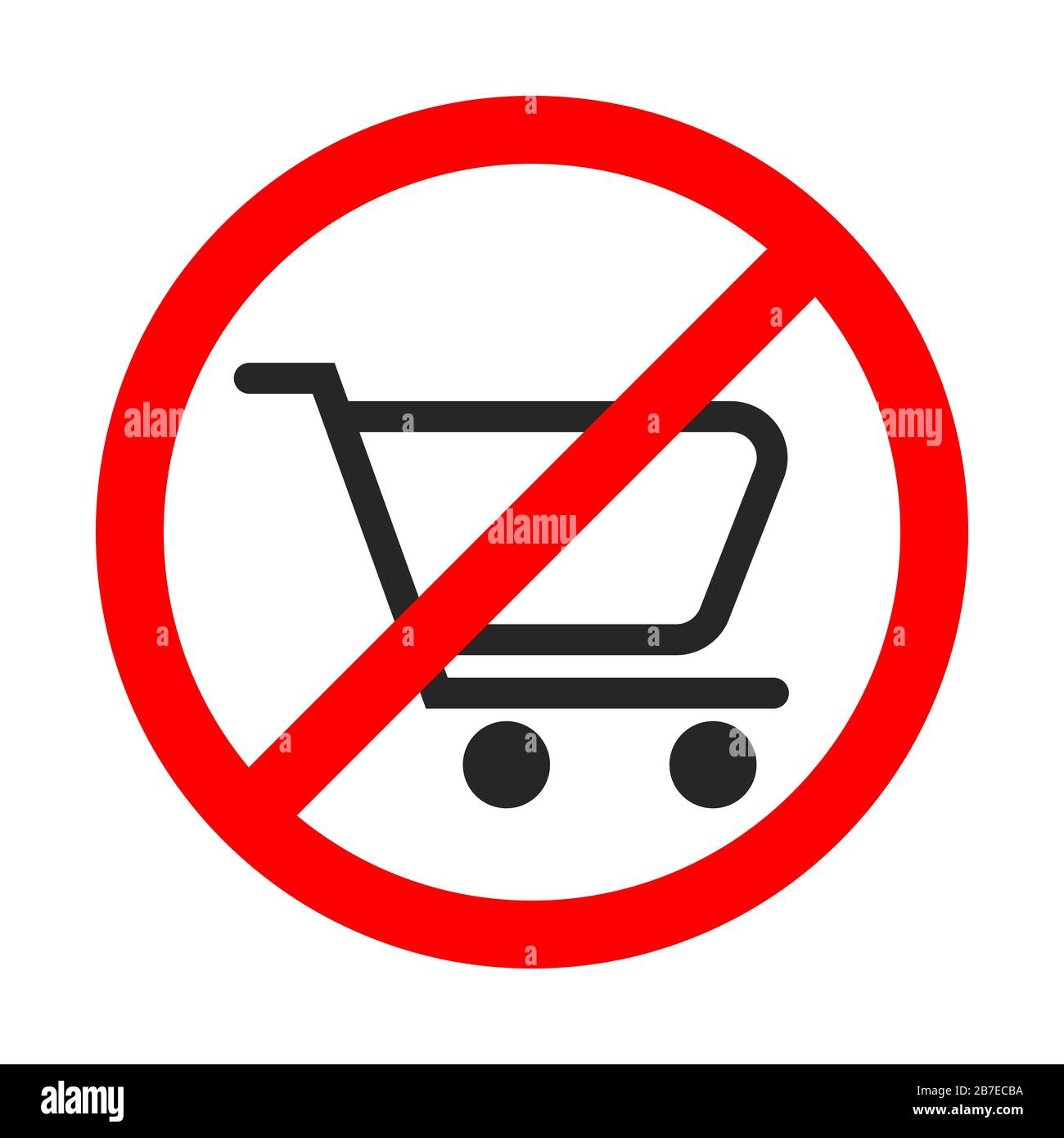 Segno vettoriale di divieto di shopping. Nessun cartello del carrello su sfondo bianco. Illustrazione delle scorte. Illustrazione Vettoriale