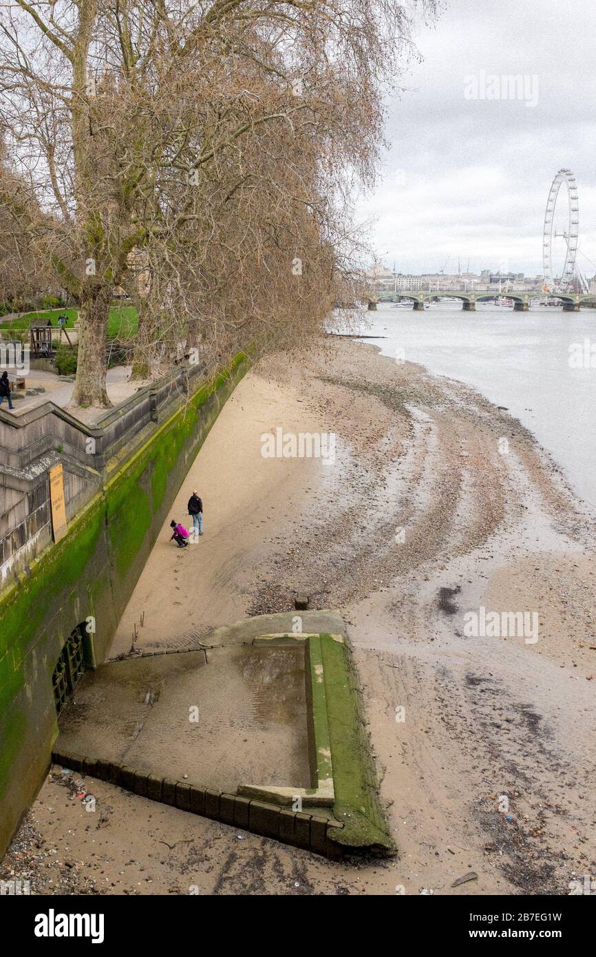 The Tide out on the River Thames, la gente cammina lungo la costa sotto Lambeth Bridge, Lambeth, Londra, Regno Unito Foto Stock
