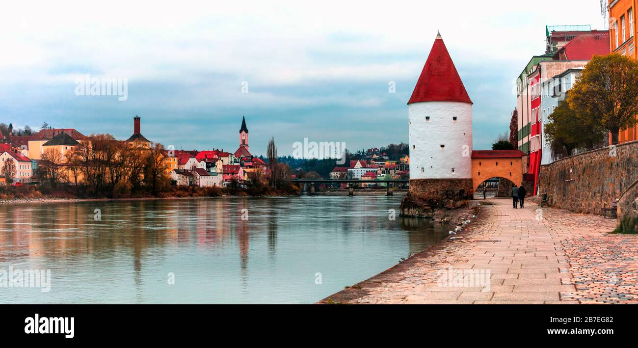 Impressionante Passau città vecchia,vista panoramica,Baviera, Germania. Foto Stock