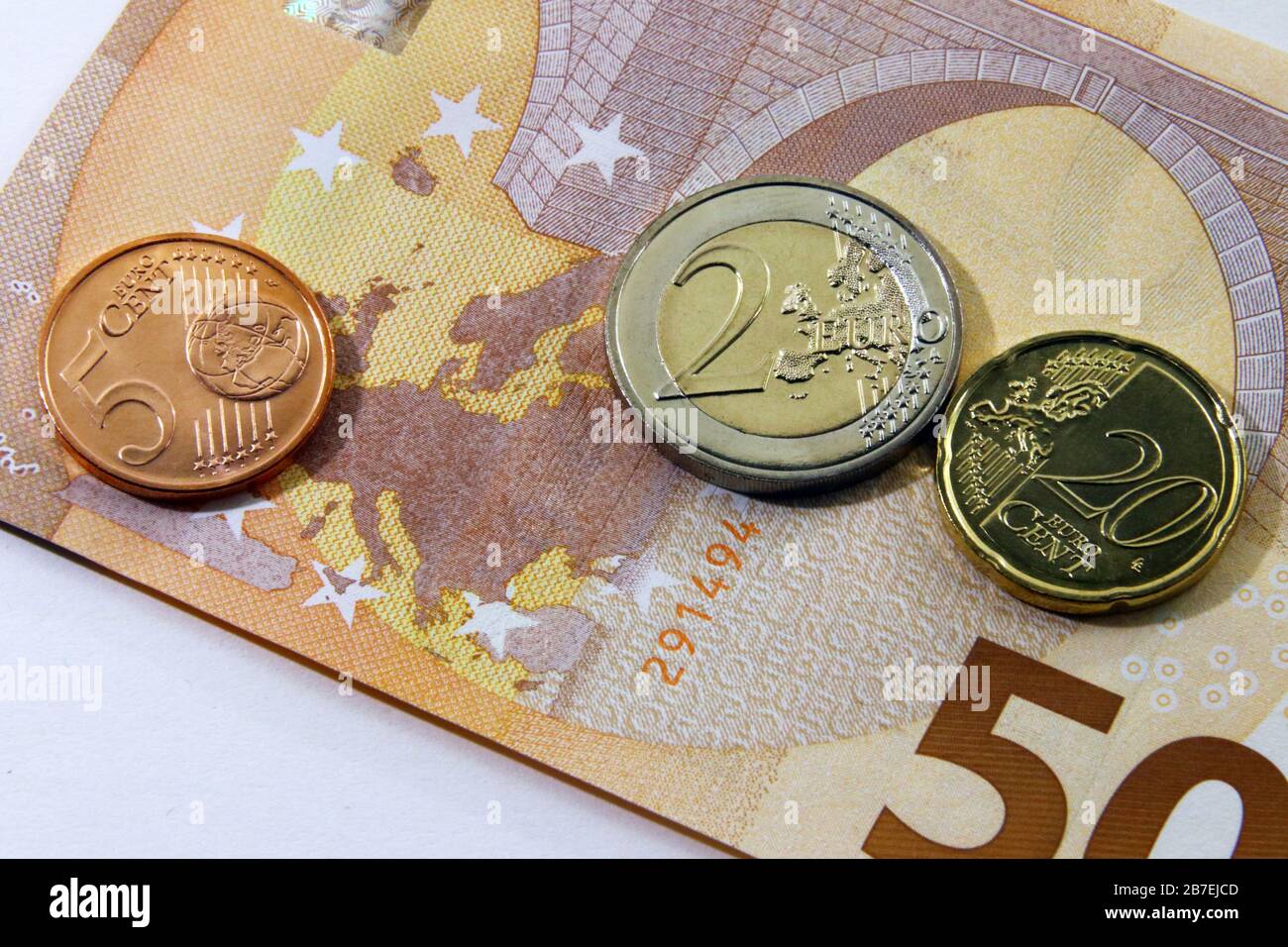 Banconote e monete in euro, Unione europea Foto Stock
