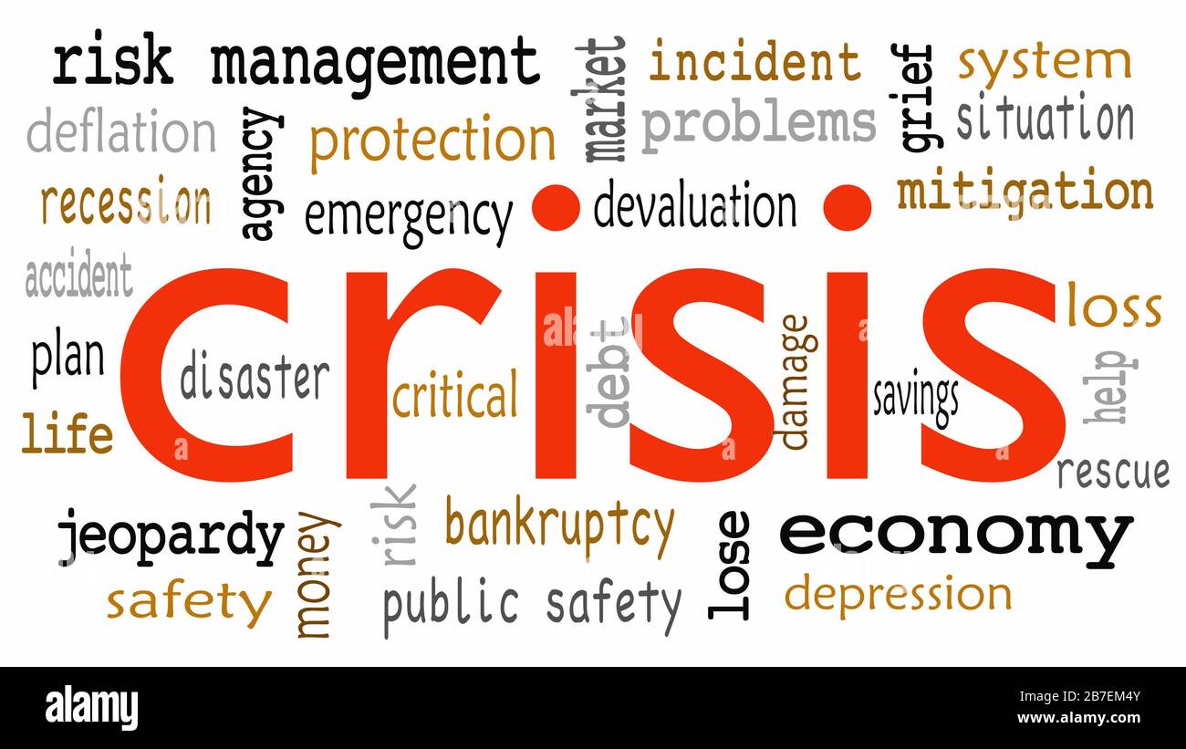 Il concetto di crisi in parola tag cloud su sfondo bianco Foto Stock
