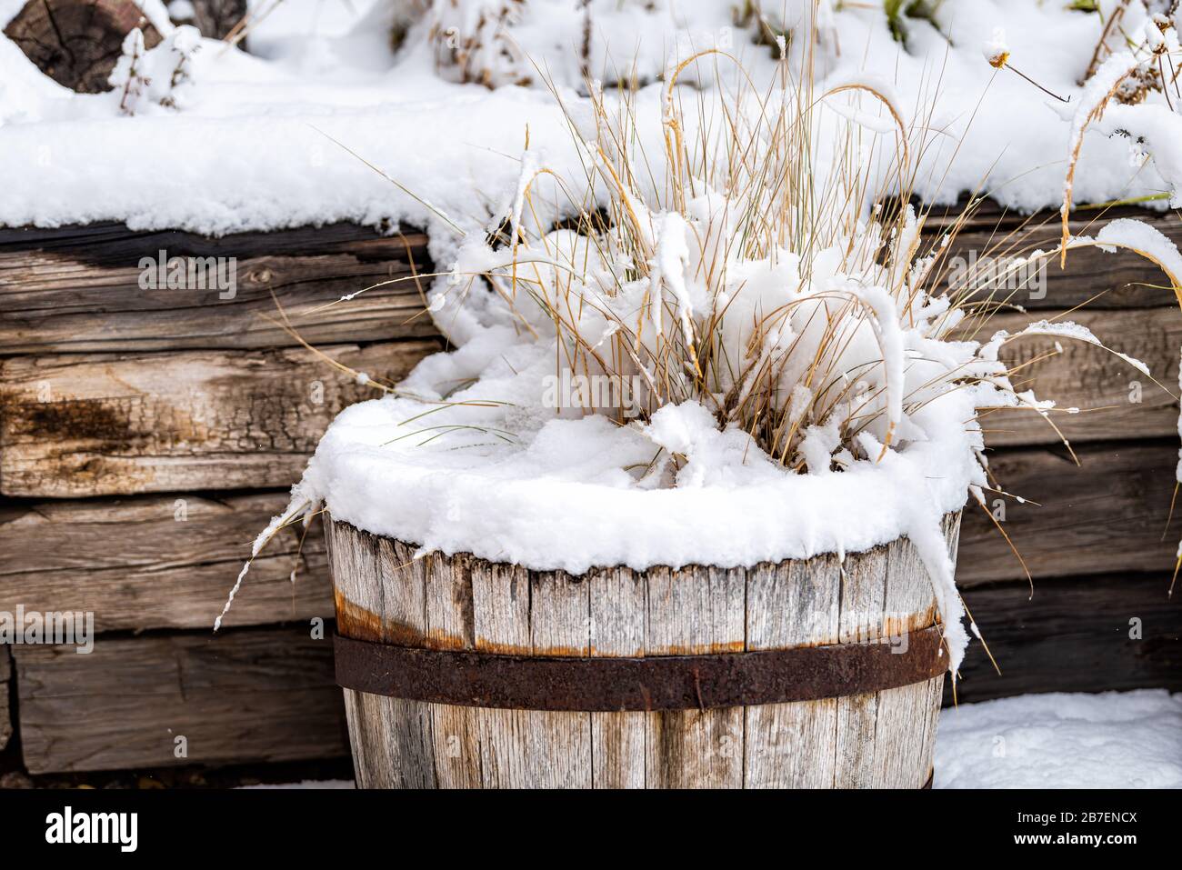 Colorado legno flowerpot paesaggio coperto di neve d'inverno con nessuno architettura di giardino cortile di casa Foto Stock