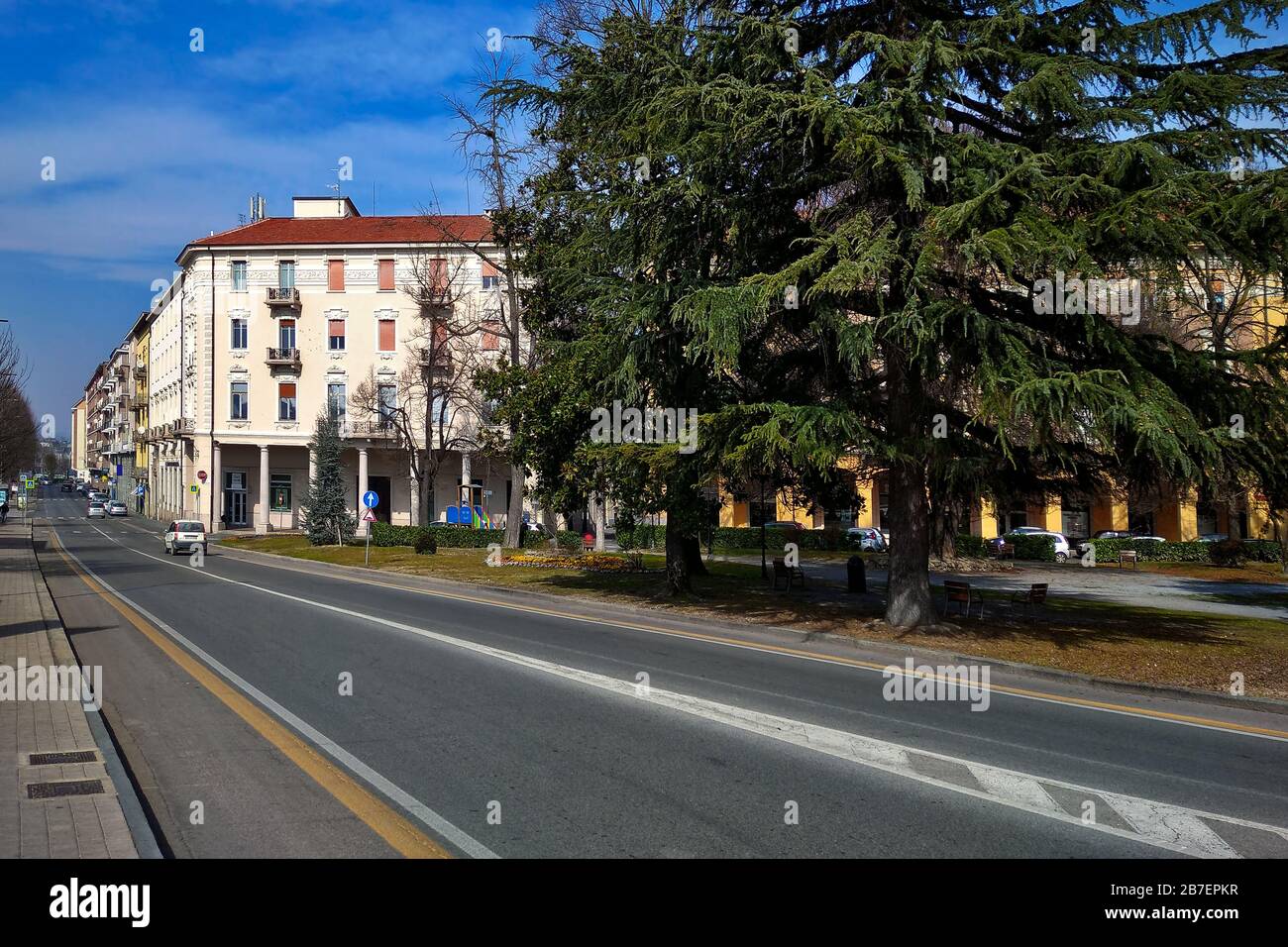 Strada urbana, alberi ed edifici nella cittadina di Alba in Piemonte, Italia settentrionale. Foto Stock