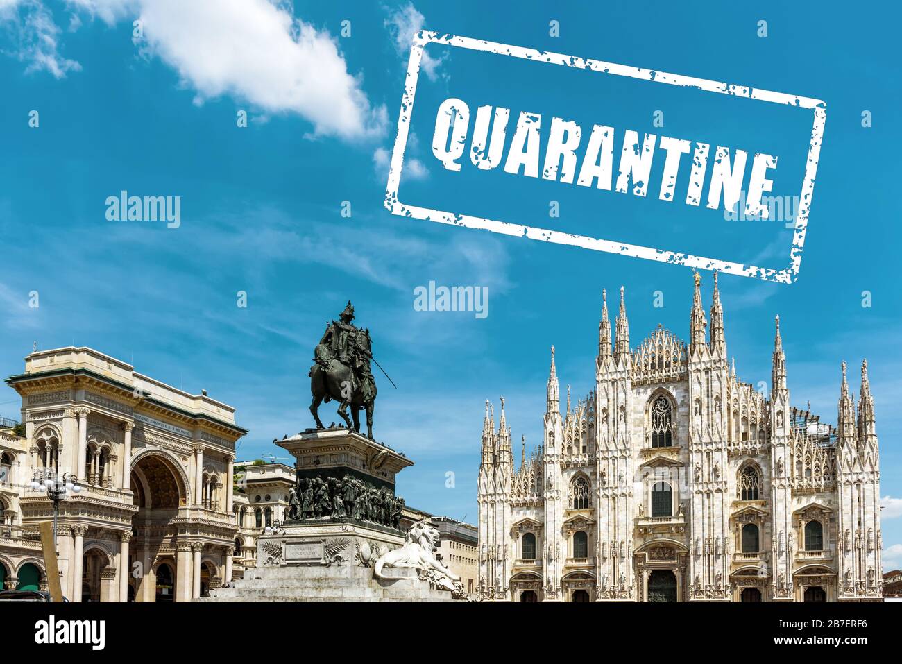 COVID-19 coronavirus in Italia, francobollo quarantena in foto di Milano. I monumenti turistici italiani sono chiusi a causa della nuova epidemia di virus corona. Concetto di COV Foto Stock