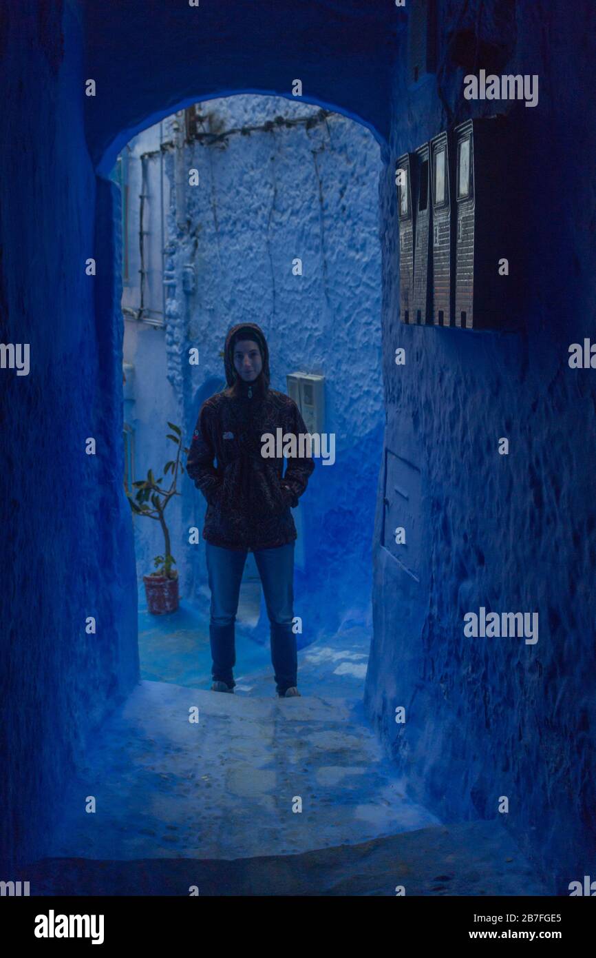 La città blu, Chefchaouen, Chaouen in Marocco. Fantastico in un giorno, incredibile di notte. Foto Stock