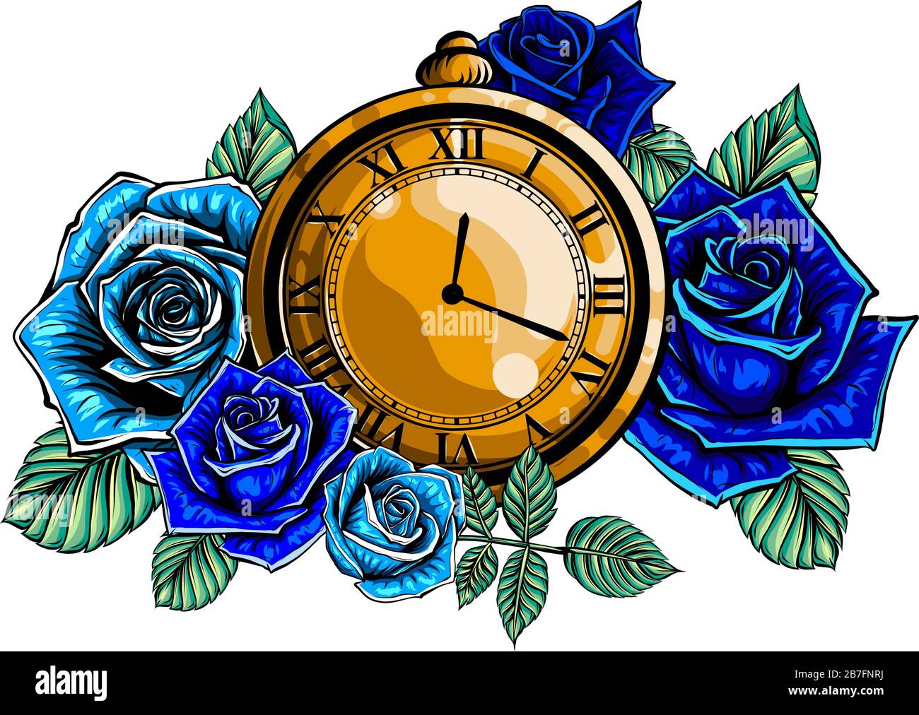 Composizione con fiore e orologio da tasca sulla catena. Illustrazione vettoriale per tatuaggio. Simbolo dell'ora. Illustrazione Vettoriale