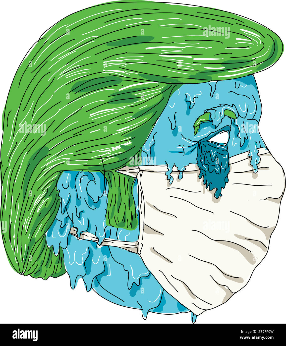 Illustrazione in stile arte di Grime di un uomo con nuovo coronavirus, COVID-19 o 2019-nCoV che indossa una maschera chirurgica vista dal lato su backgro bianco isolato Illustrazione Vettoriale