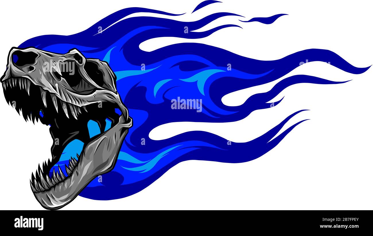 Scheletro vettoriale di Tyrannosaurus rex con fiamme su sfondo isolato . Illustrazione Vettoriale