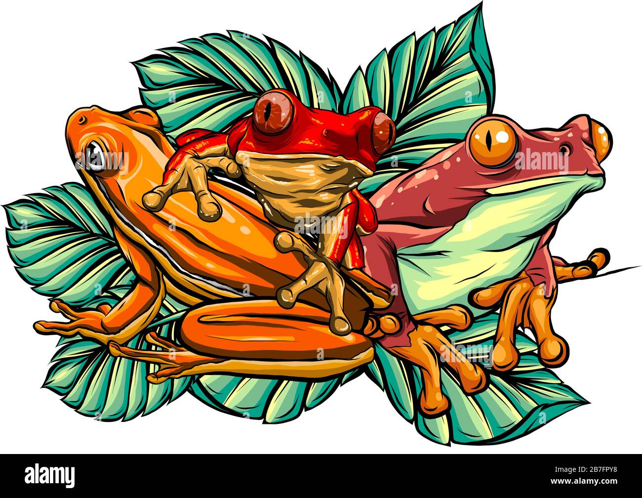 Happy Frog seduto su UN cartoon foglia. Imposta vettore Illustrazione Vettoriale