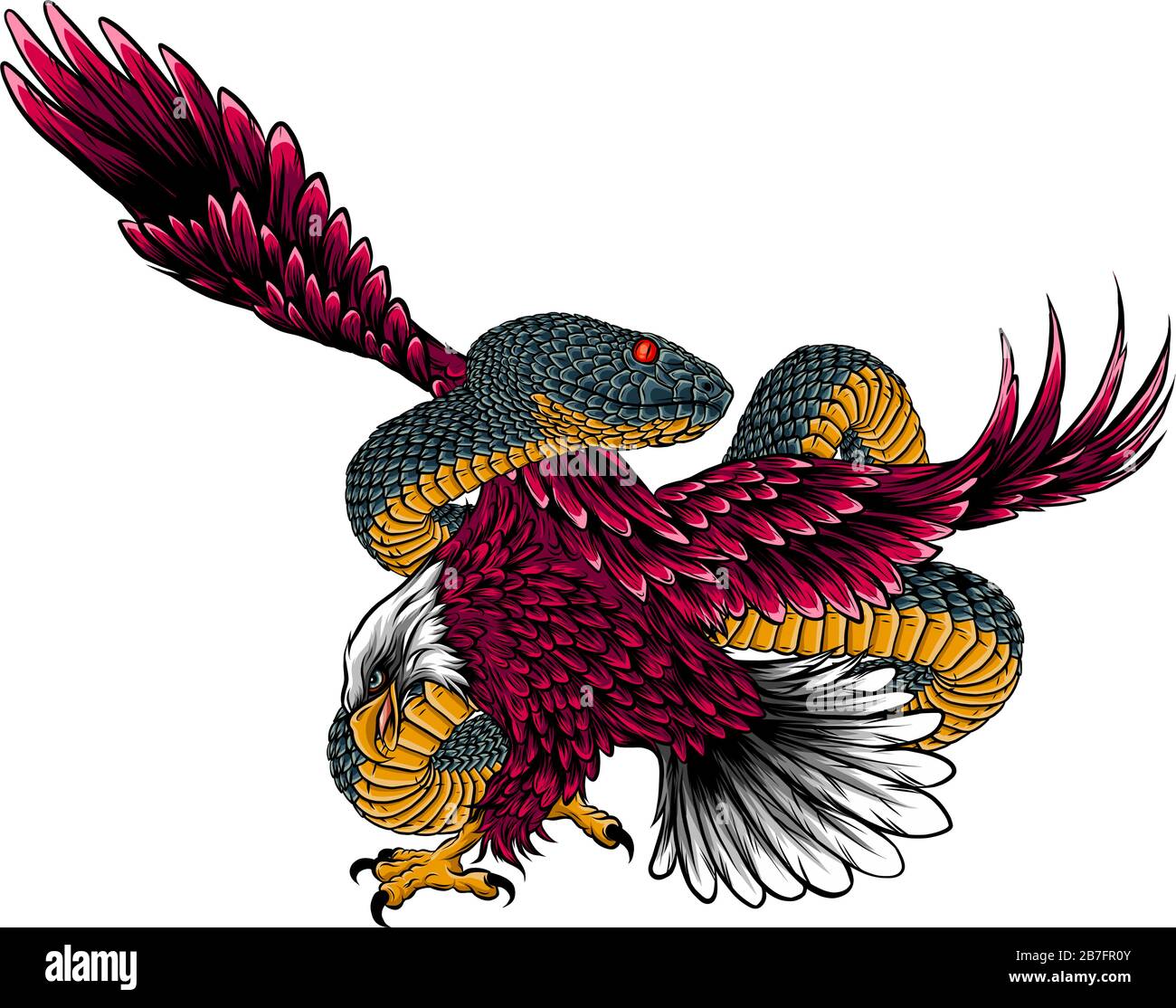 eagle che lotta un serpente . Illustrazione vettoriale in stile tatuaggio Illustrazione Vettoriale