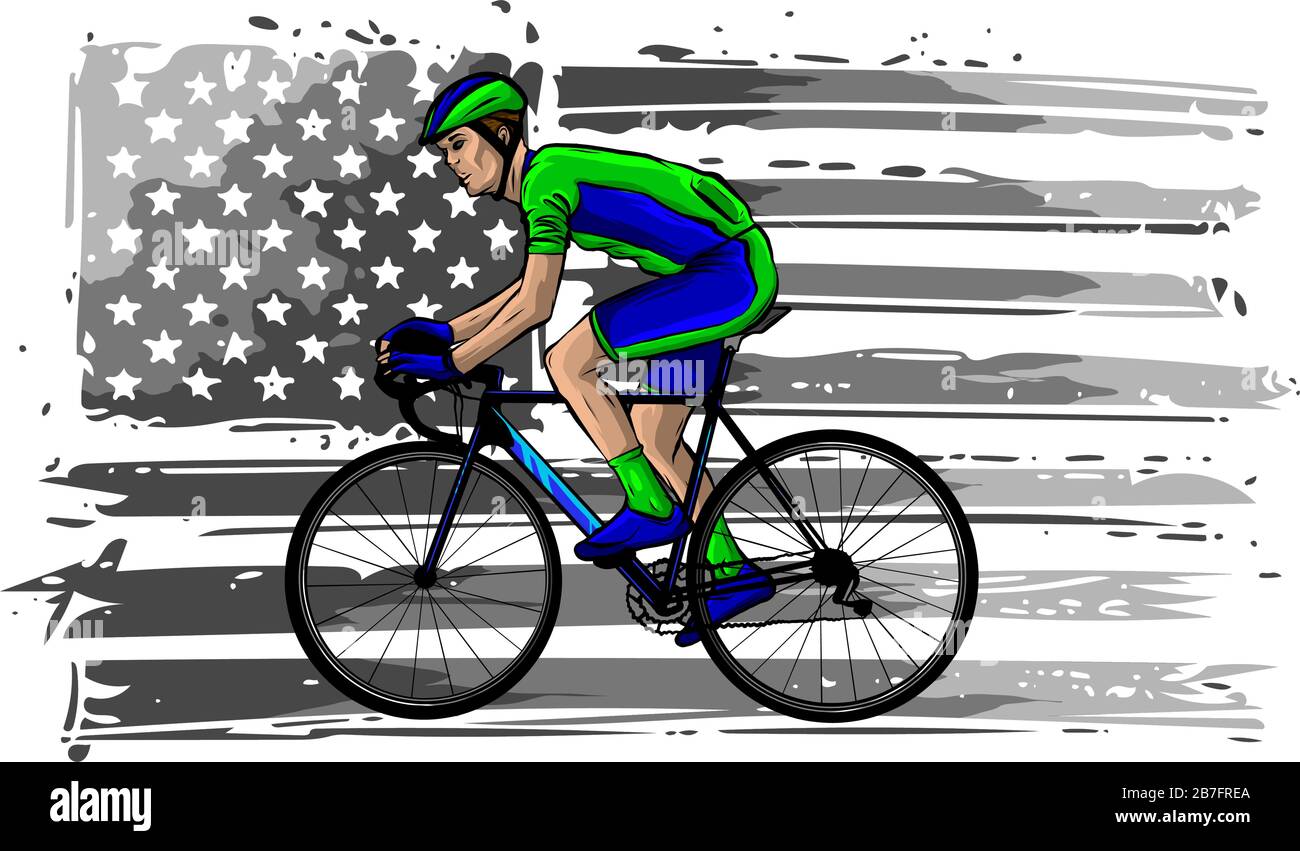 il ciclista americano in bicicletta da corsa davanti davanti a una cresta scudo interna con stelle usa e bandiera a righe sullo sfondo fatto in retrò Illustrazione Vettoriale