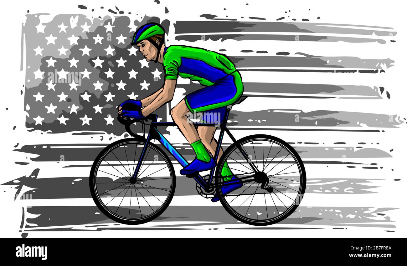 il ciclista americano in bicicletta da corsa davanti davanti a una cresta  scudo interna con stelle usa e bandiera a righe sullo sfondo fatto in retrò  Immagine e Vettoriale - Alamy